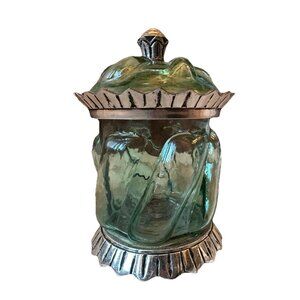 Vintage Thumbprint Green Apothecary Jar Metal‎ Accents Bubble Glass Jar Silver